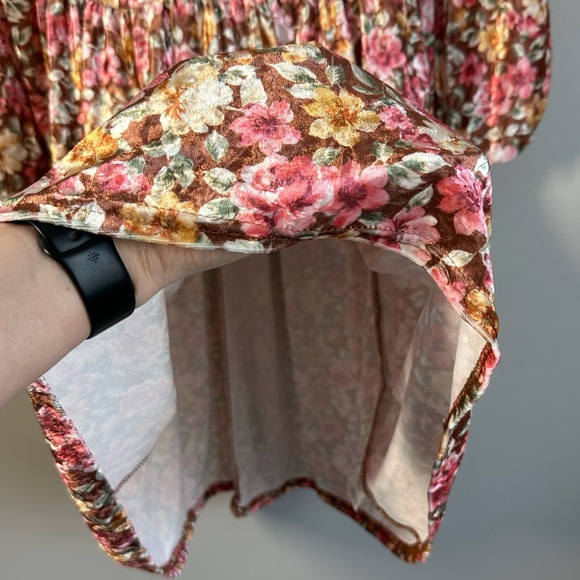 Peach Love Womens Brown Floral Velvet Dress Smocked Fairycore Size S Cottagecore - Picture 8 of 12